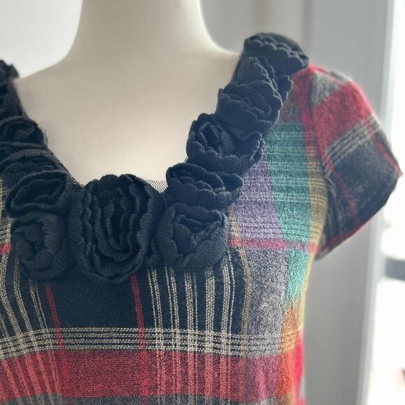 Yumi Multicolour Plaid Wool Blend Knit Tunic Dress with Rosette Neckline – US S - Picture 10 of 13